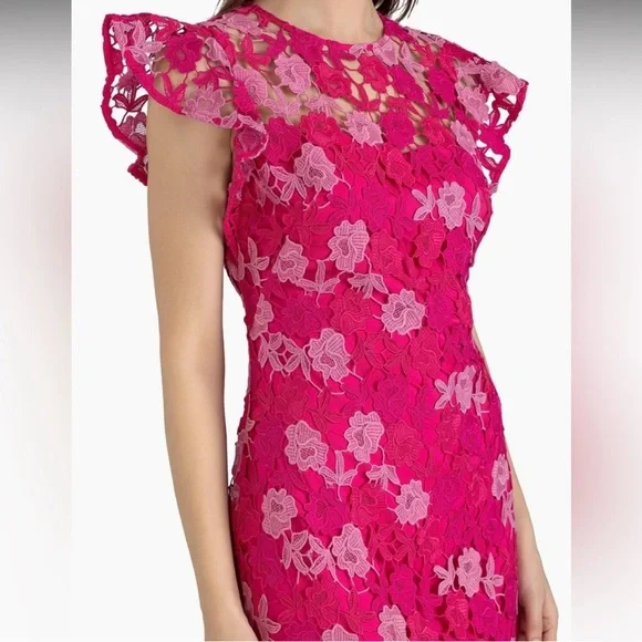 Shoshanna Rachel Floral Lace Midi Dress Magenta Rose cocktail event - Picture 3 of 16